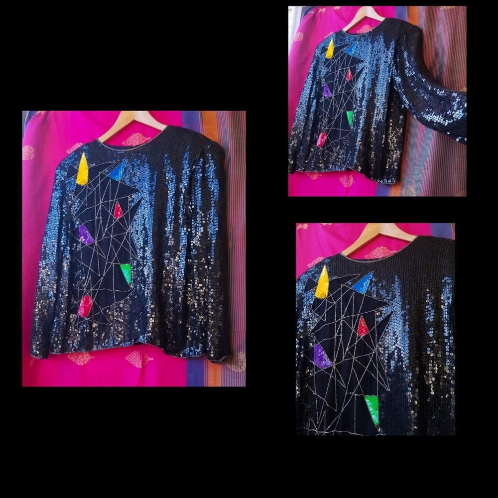 Vintage Colorblock Geometric Sequin Blouse